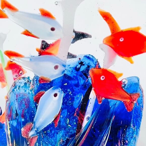 Murano Art Glass School Fish Bubble Hand Blown Paperweight Aquarium Blue Orange - Picture 8 of 13